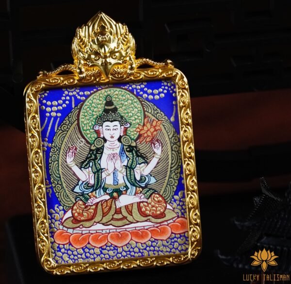 中國熱貢原礦手繪消災納福保佑平安四臂觀音唐卡（寺廟加持）：圖片 7